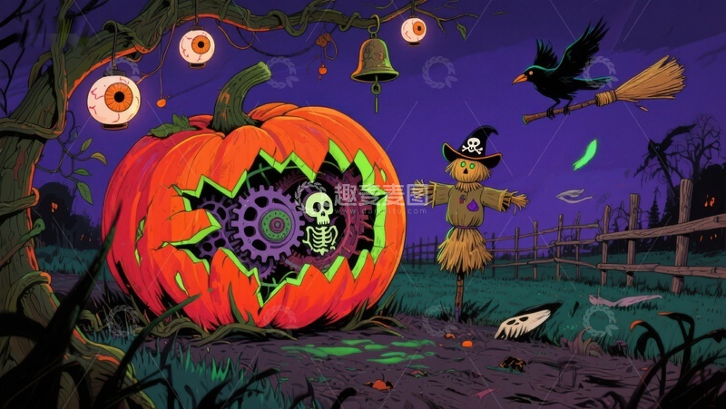 高清大图下载【趣麦麦图】机械南瓜与稻草人：万圣节夜景