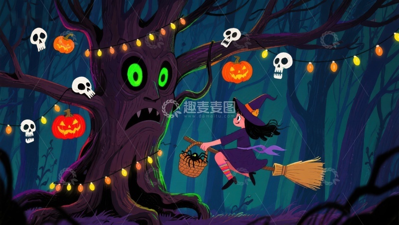 高清大图下载【趣麦麦图】万圣节女巫与魔法树的奇幻夜