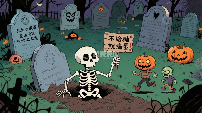 高清大图下载【趣麦麦图】万圣节墓地骷髅与南瓜灯