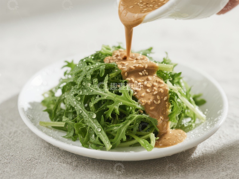 高清大图下载【趣麦麦图】芝麻酱浇淋新鲜绿叶沙拉