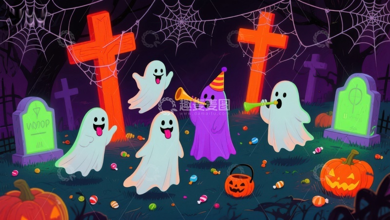 高清大图下载【趣麦麦图】万圣节幽灵在墓地欢乐派对