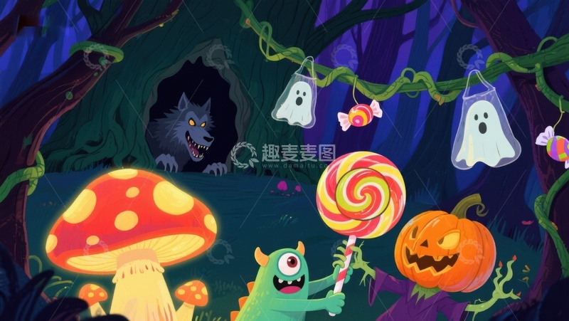 高清大图下载【趣麦麦图】万圣节森林中的糖果与怪物
