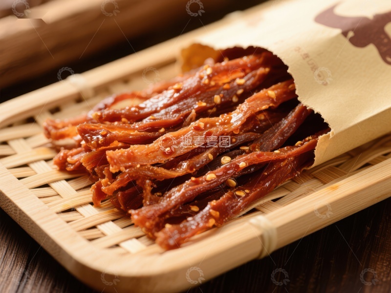 高清大图下载【趣麦麦图】香辣牛肉干摆放在竹制托盘上