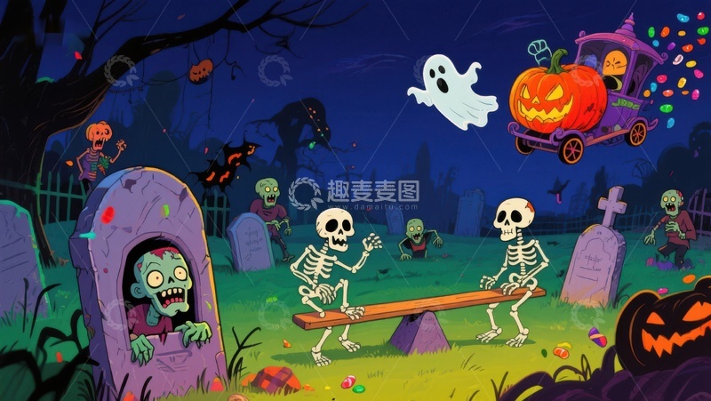 高清大图下载【趣麦麦图】万圣节夜景：骷髅与僵尸的欢乐派对
