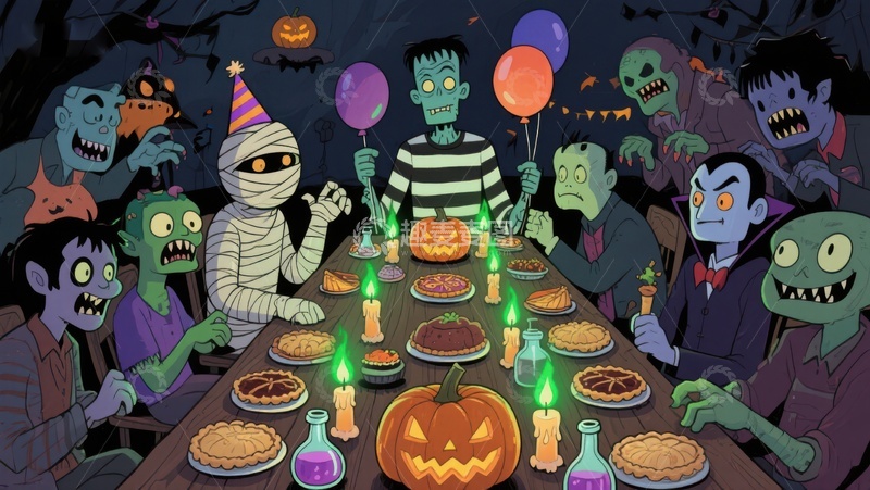 高清大图下载【趣麦麦图】万圣节怪物共进晚餐