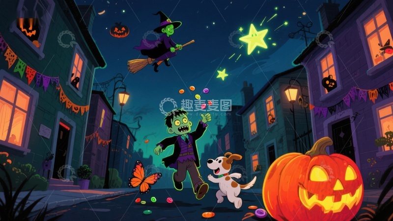 高清大图下载【趣麦麦图】万圣节夜景：僵尸、巫婆与小狗的欢乐时光