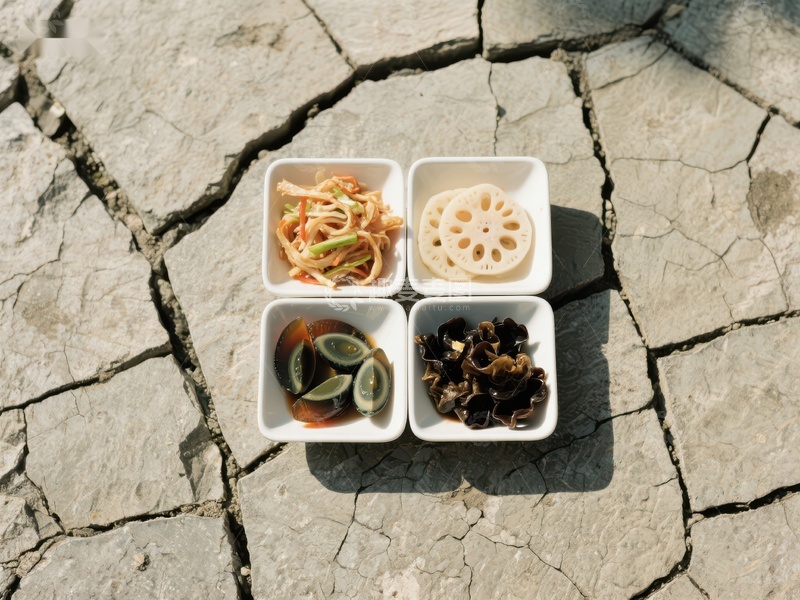 高清大图下载【趣麦麦图】四格小菜置于干裂地面