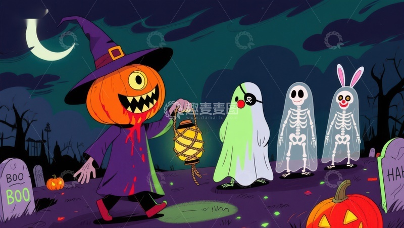 高清大图下载【趣麦麦图】万圣节南瓜巫师与幽灵骷髅的夜游