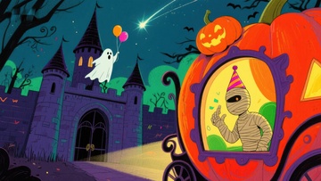 万圣节南瓜车与幽灵城堡夜景