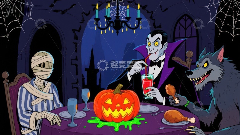 高清大图下载【趣麦麦图】万圣节怪物餐桌聚会