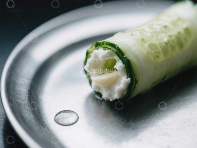 高清大图下载【趣麦麦图】黄瓜卷配奶油，置于金属盘上