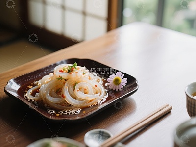 日式凉粉配花点缀，精致摆盘