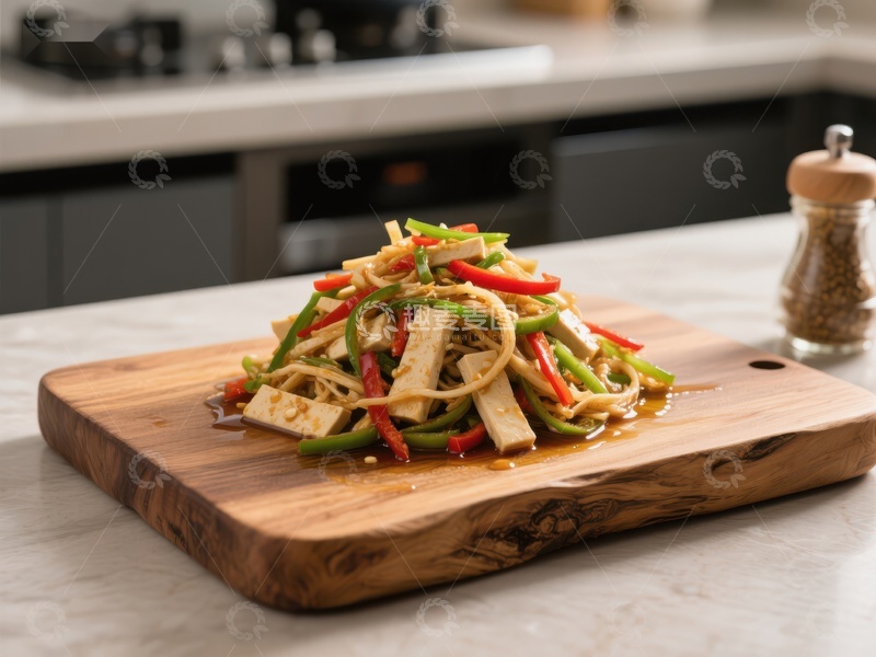 高清大图下载【趣麦麦图】木质砧板上的美味炒菜