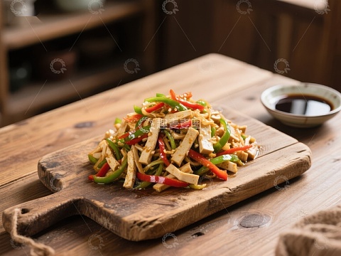 炒豆干配彩椒，木盘盛装