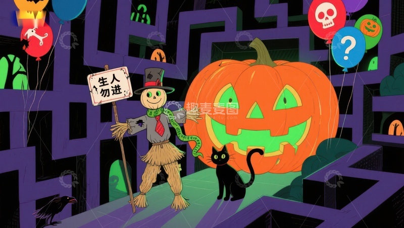 高清大图下载【趣麦麦图】万圣节迷宫中的南瓜灯与稻草人