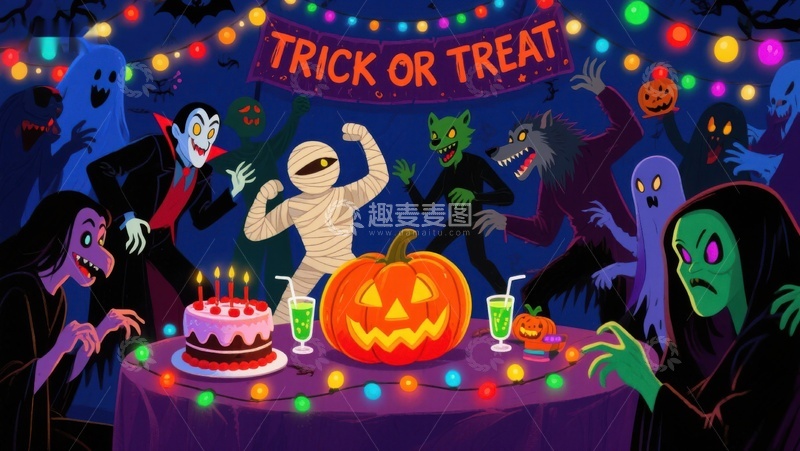 高清大图下载【趣麦麦图】万圣节派对：妖怪们共庆节日