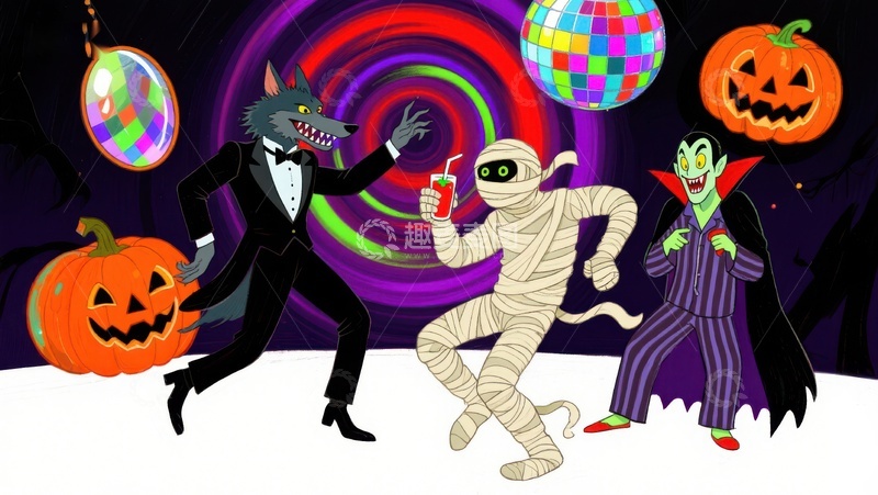 高清大图下载【趣麦麦图】万圣节派对：狼人木乃伊吸血鬼共舞