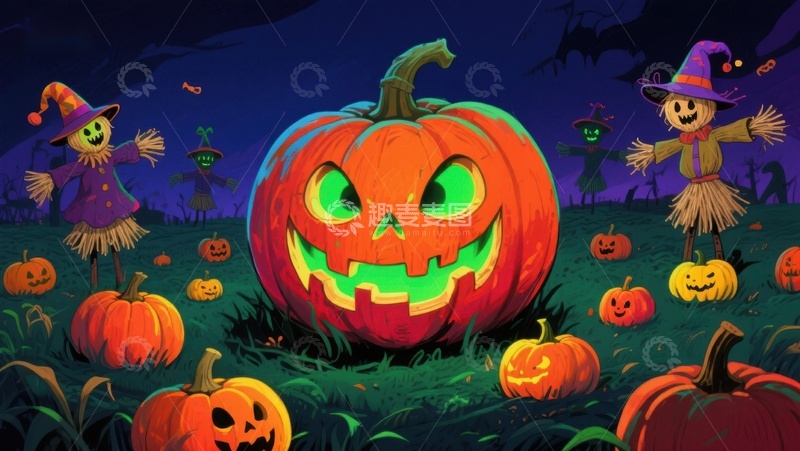 高清大图下载【趣麦麦图】万圣节南瓜灯与稻草人夜景