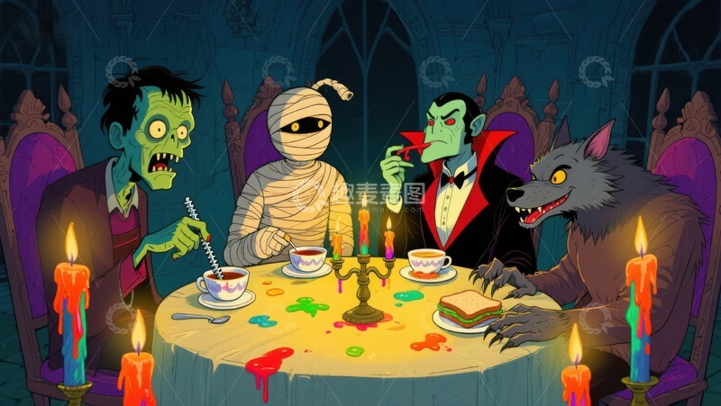 高清大图下载【趣麦麦图】万圣节怪物共进晚餐