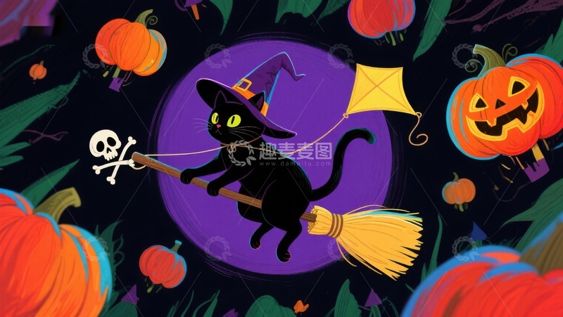 高清大图下载【趣麦麦图】万圣夜猫巫骑扫帚