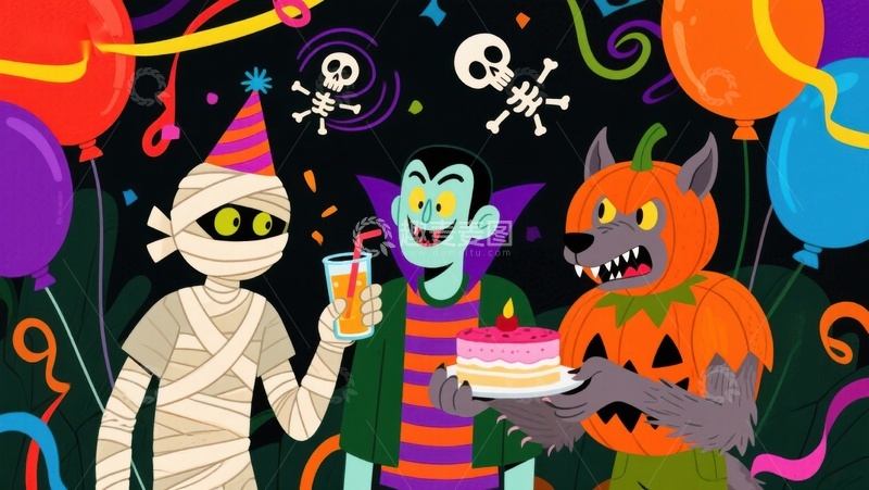 高清大图下载【趣麦麦图】万圣节派对上的三个装扮角色