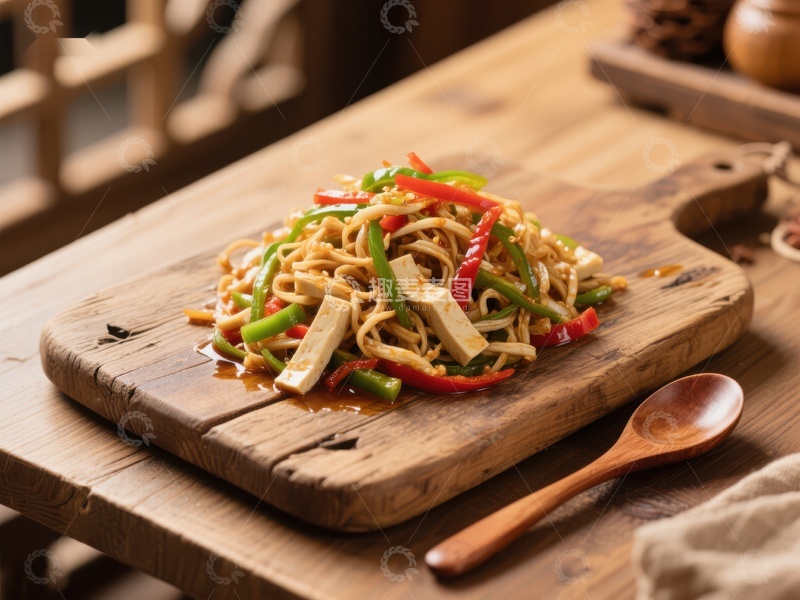 高清大图下载【趣麦麦图】木质砧板上的炒面与蔬菜