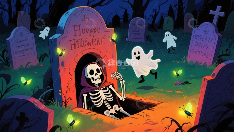 高清大图下载【趣麦麦图】万圣节墓地骷髅与幽灵