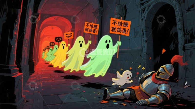 高清大图下载【趣麦麦图】万圣节幽灵讨糖，骑士惊恐倒地