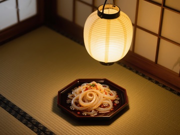 日式室内灯下摆放的美食