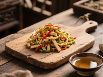 木盘上的彩椒炒豆干