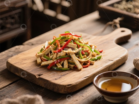 木盘上的彩椒炒豆干