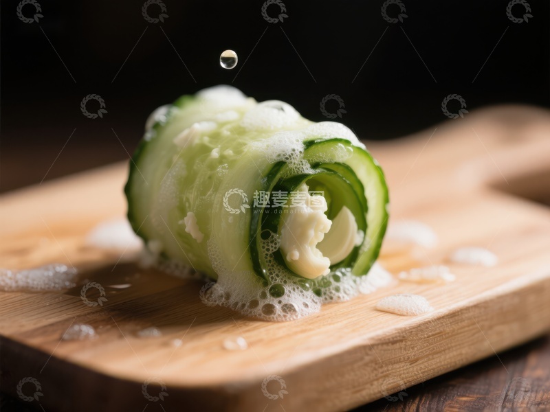 高清大图下载【趣麦麦图】黄瓜卷配奶油，水滴点缀