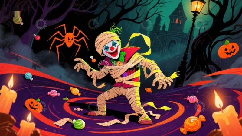 高清大图下载【趣麦麦图】万圣节小丑木乃伊在糖果迷宫中