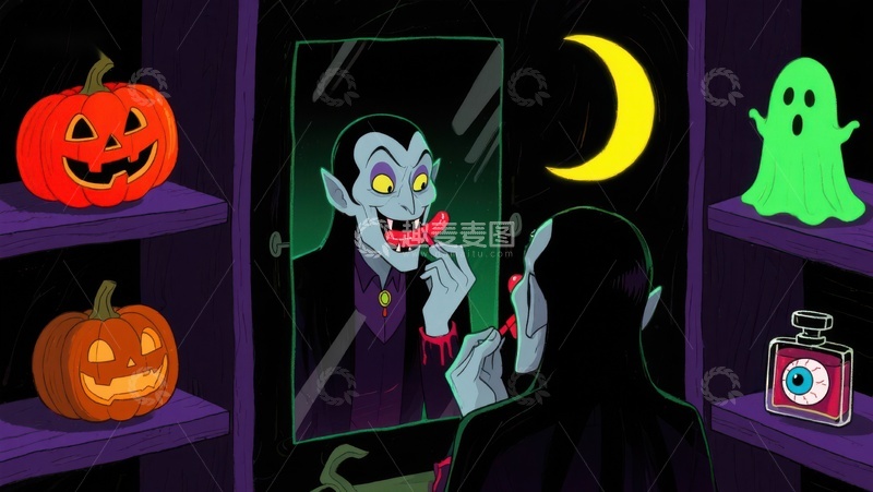 高清大图下载【趣麦麦图】吸血鬼在镜子前整理领结