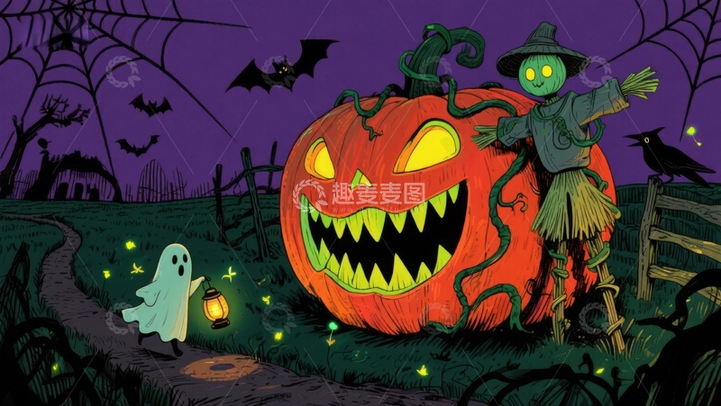高清大图下载【趣麦麦图】万圣节南瓜灯与稻草人