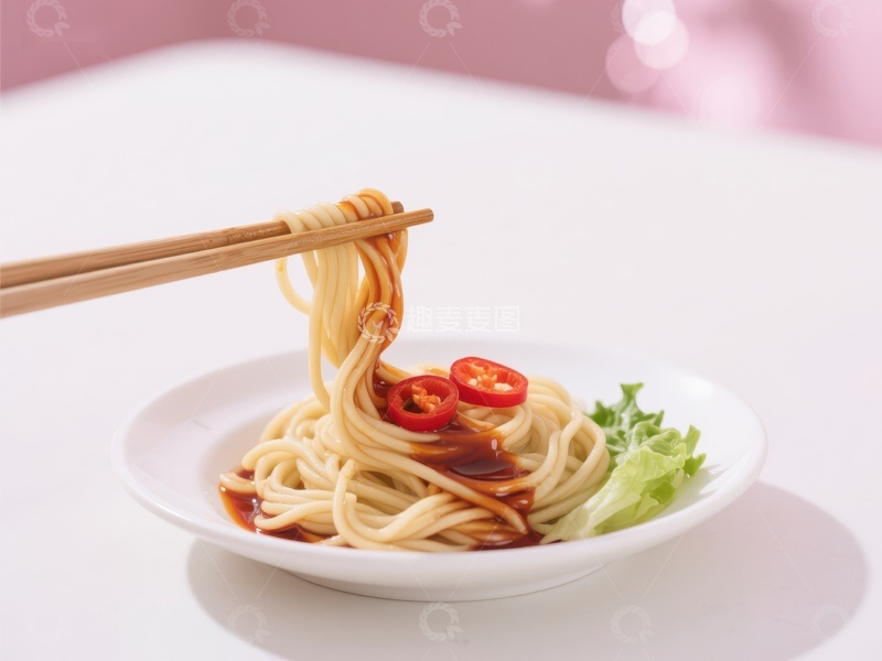 高清大图下载【趣麦麦图】筷子夹起热辣面条，配以红椒点缀