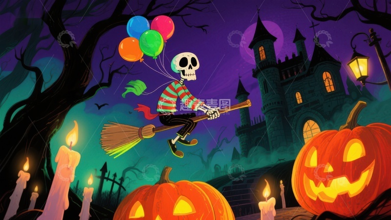 高清大图下载【趣麦麦图】万圣节骷髅骑扫帚，背景城堡与南瓜灯