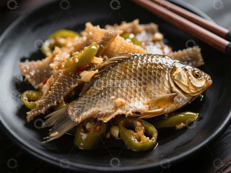 高清大图下载【趣麦麦图】香煎鲫鱼配青椒，美味佳肴