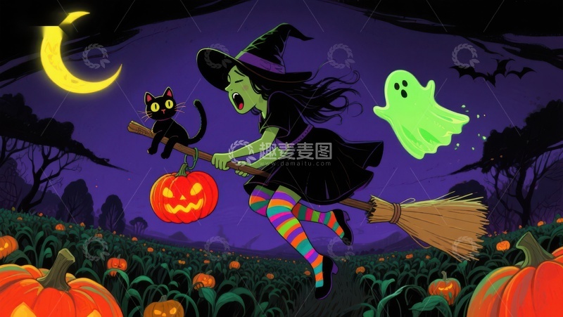 高清大图下载【趣麦麦图】万圣夜巫女骑扫帚与南瓜灯