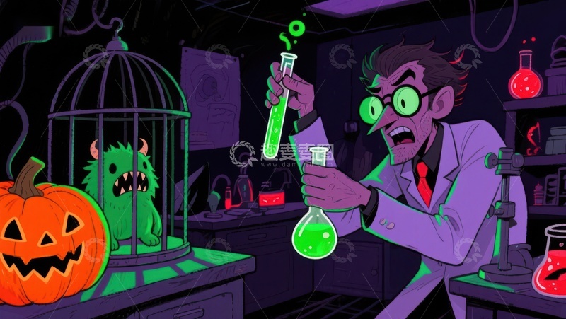 高清大图下载【趣麦麦图】疯狂科学家在实验室进行绿色化学实验