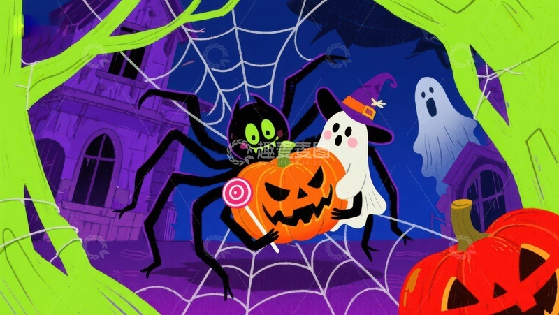 高清大图下载【趣麦麦图】万圣节夜景：南瓜、幽灵与蜘蛛的奇幻冒险