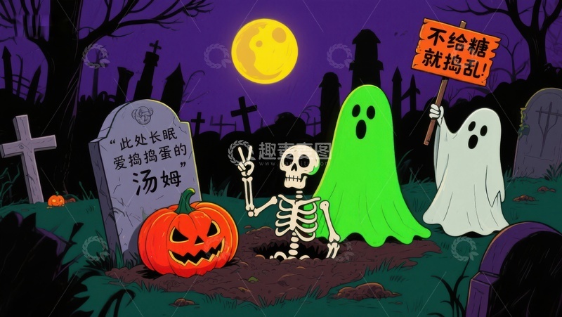 高清大图下载【趣麦麦图】万圣节墓地场景：骷髅、幽灵与南瓜灯