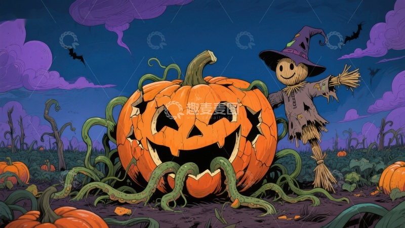 高清大图下载【趣麦麦图】万圣节南瓜与稻草人