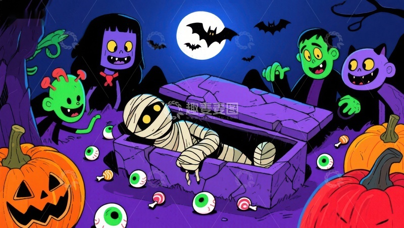 高清大图下载【趣麦麦图】万圣节夜景：怪物与木乃伊的欢乐聚会