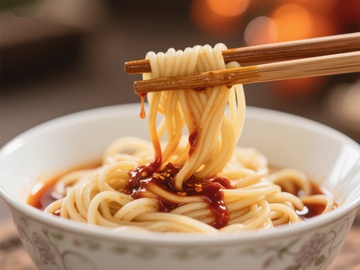 筷子夹起热腾腾的面条