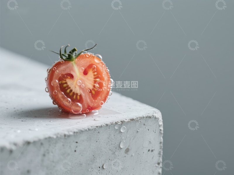 高清大图下载【趣麦麦图】切开的番茄滴水，置于水泥台面