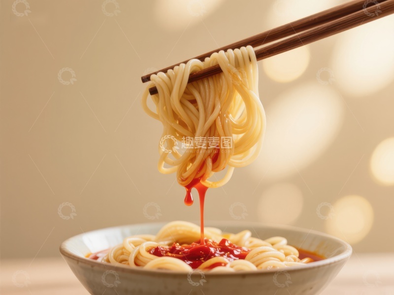 高清大图下载【趣麦麦图】筷子夹起面条，酱汁滴落碗中