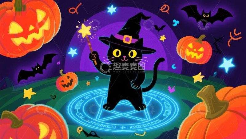 高清大图下载【趣麦麦图】万圣节夜景：小猫巫师施魔法