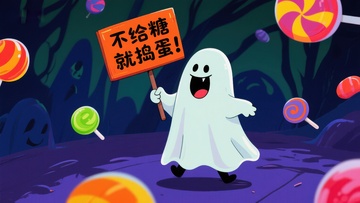 卡通幽灵手持标语，糖果环绕