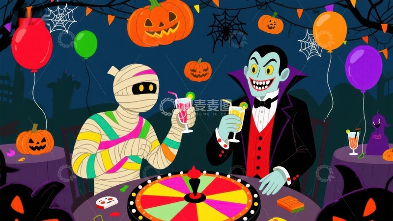 高清大图下载【趣麦麦图】万圣节派对：木乃伊与吸血鬼共饮